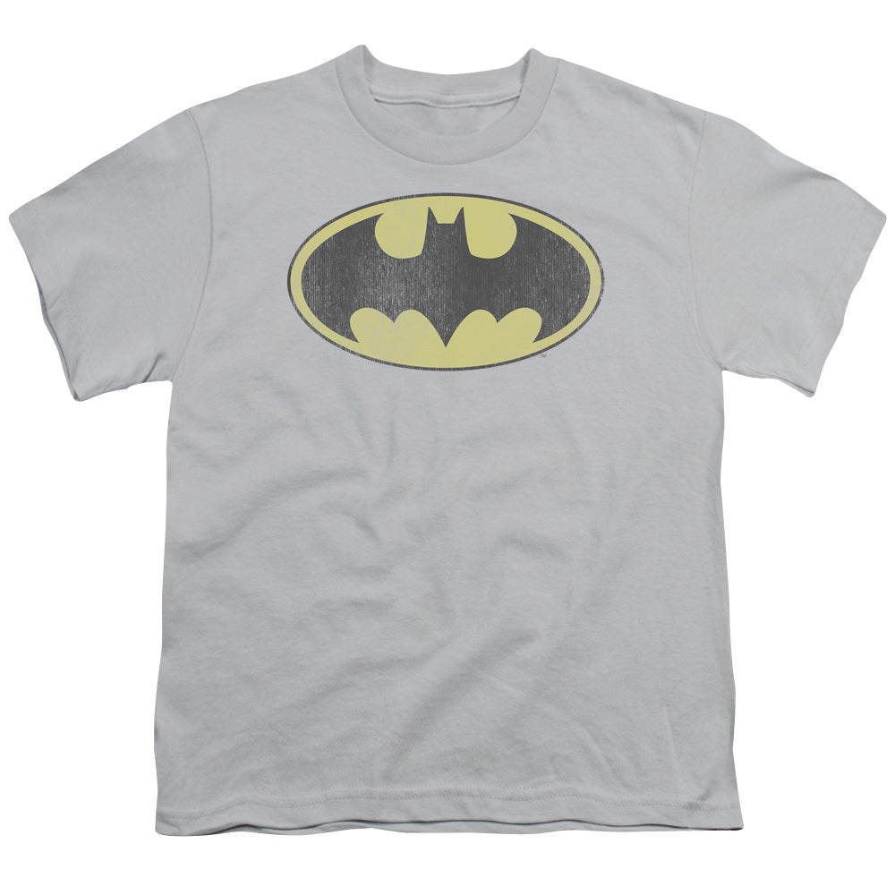 Batman - Youth Kids T-Shirt (Ages 7+) - Youth T Shirt - Retro Bat Logo Distressed Grey - DC Comics Vintage - Officially Licensed - S M L XL