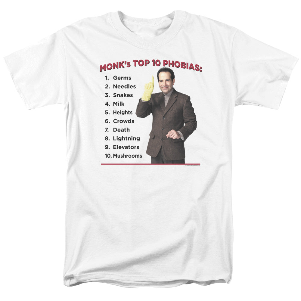 Monk™ TV Show Shirt - Officially Licensed - Top 10 Phobias - Adult Unisex Short Sleeve T-Shirt