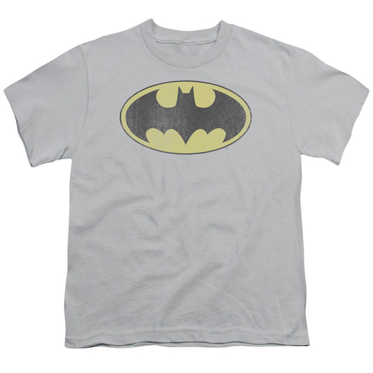 Batman - Youth Kids T-Shirt (Ages 7+) - Youth T Shirt - Retro Bat Logo Distressed Grey - DC Comics Vintage - Officially Licensed - S M L XL