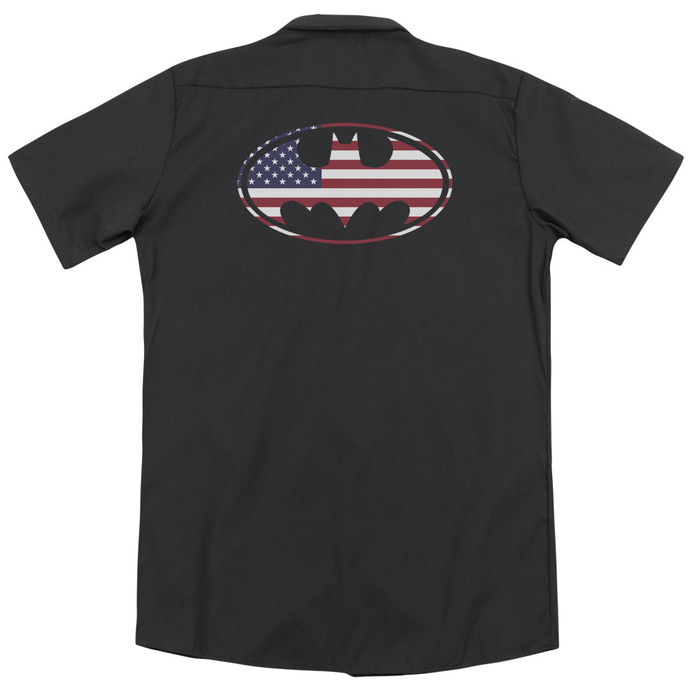 Batman - American Flag Oval (Back Print) Adult Work Shirt - Forces Of Mankind