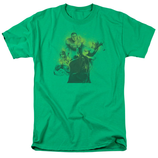 Batman, Superman, Flash, Green Lantern Retro Shirt - Officially Licensed - Adult Unisex Short Sleeve T-Shirt - Faded Spray Sketch League